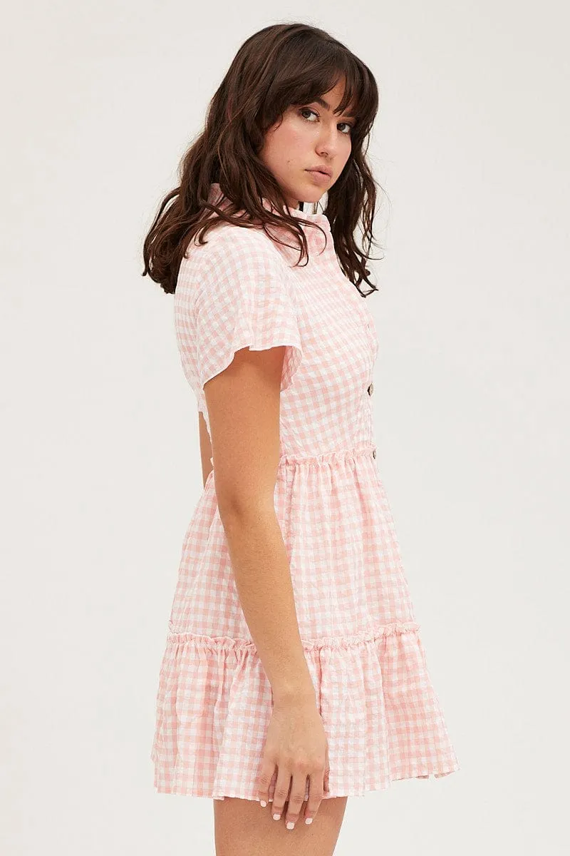 Cozy Design Check Tiered Dress Short Sleeve Mini