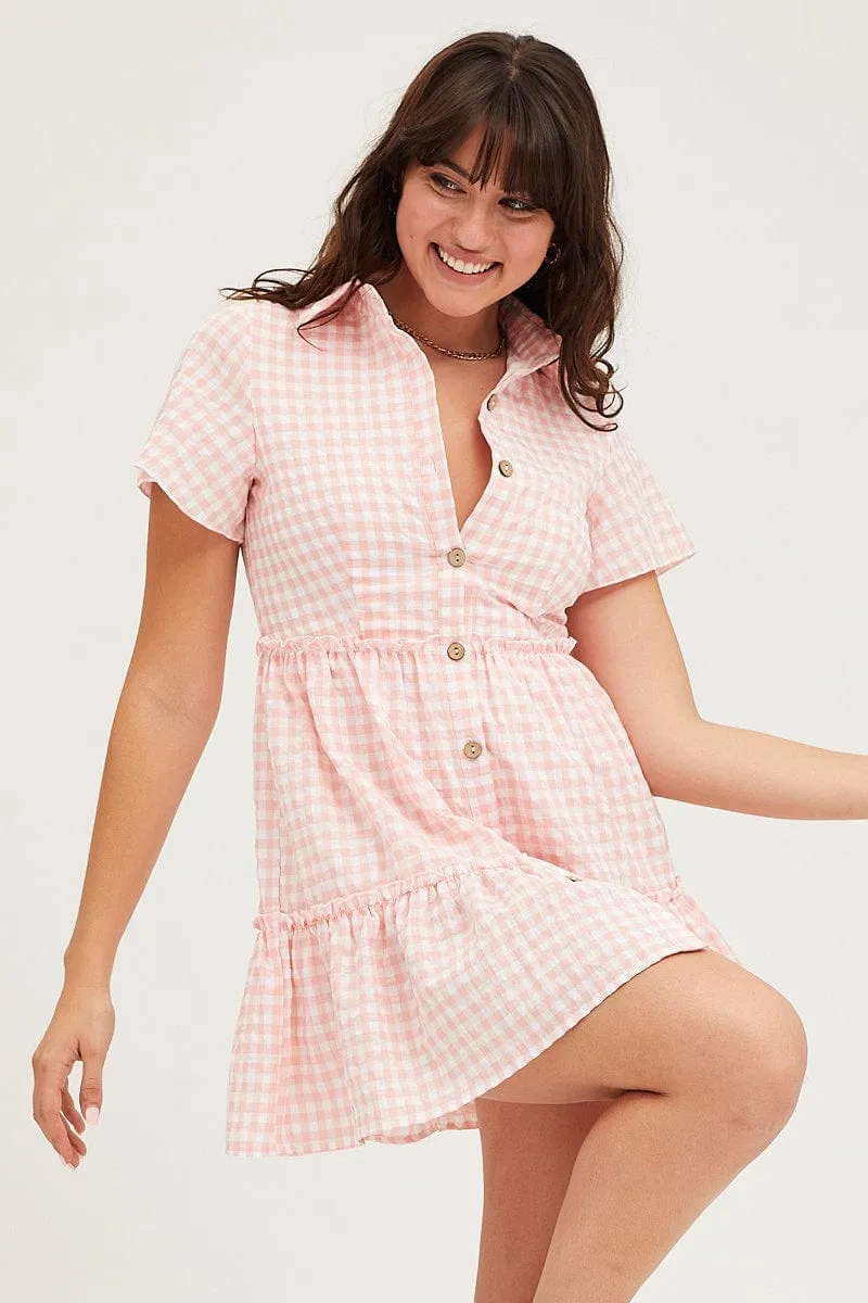 EcoFriendlyTextile Check Tiered Dress Short Sleeve Mini