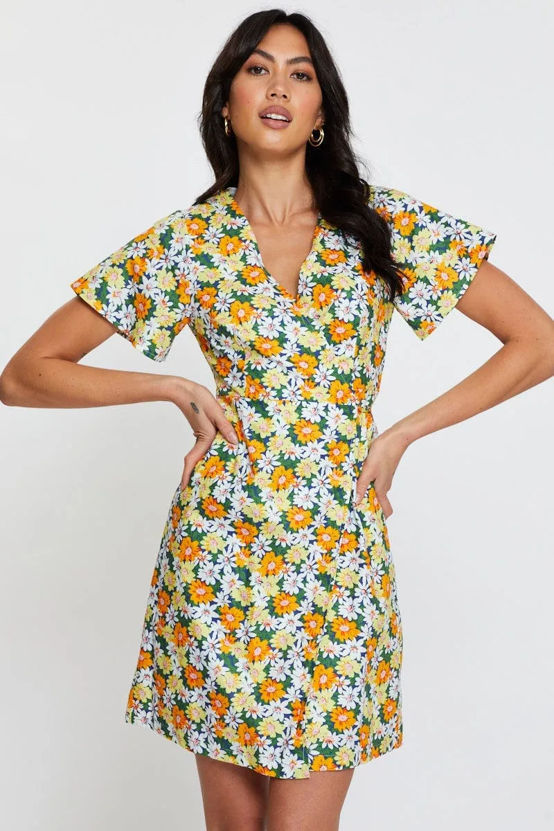 SplitHemDesign Print Fit And Flare Dress Short Sleeve V Neck