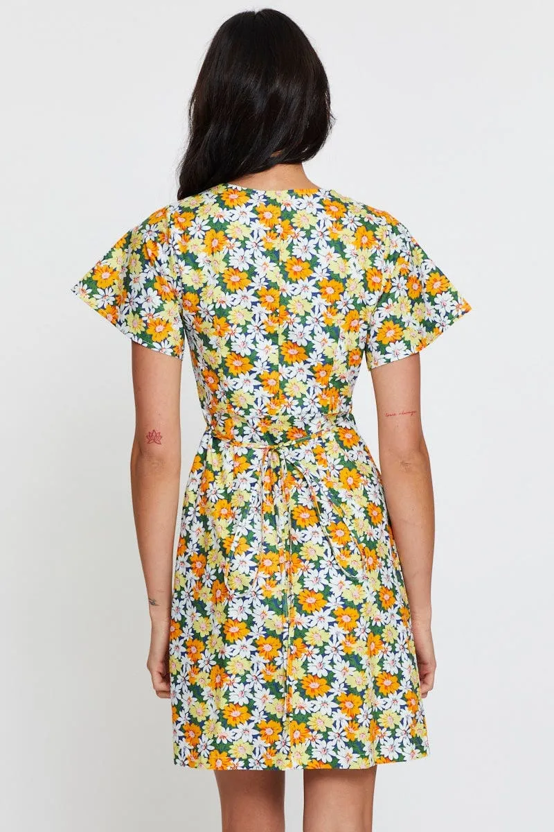Print Fit And Flare Dress Short Sleeve V Neck Antistatic