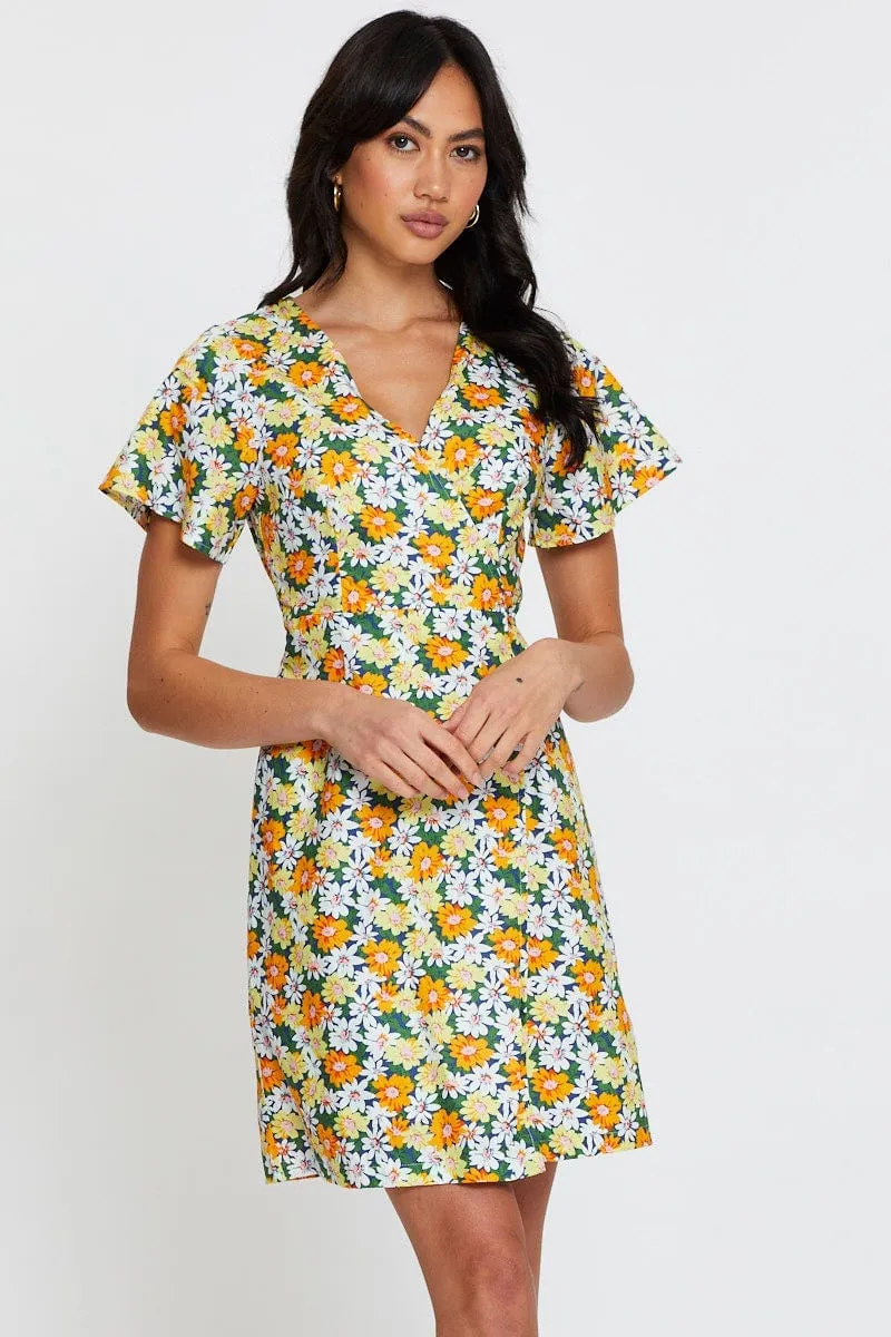 Print Fit And Flare Dress Short Sleeve V Neck Joyful Mood