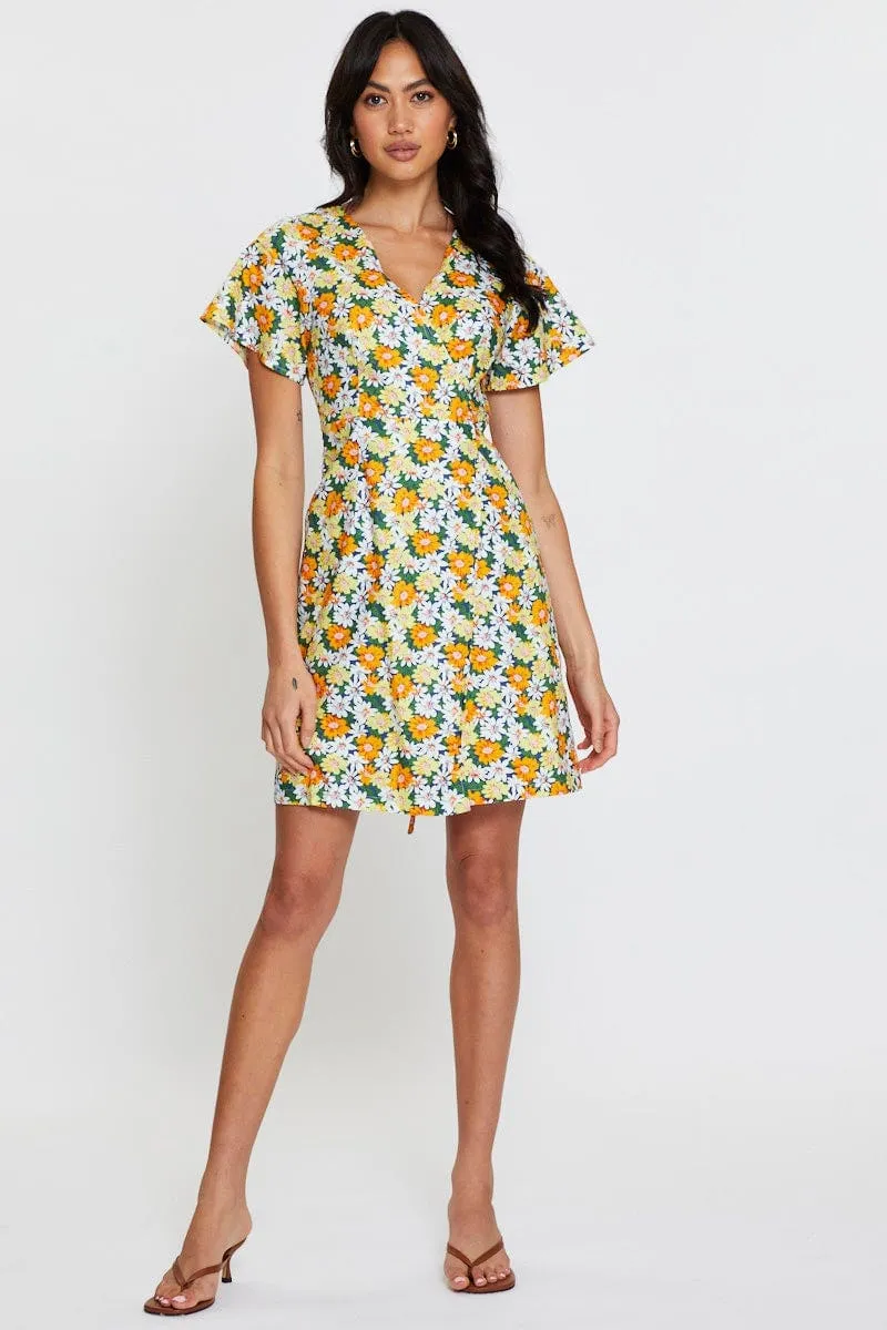 Neo Mode Print Fit And Flare Dress Short Sleeve V Neck