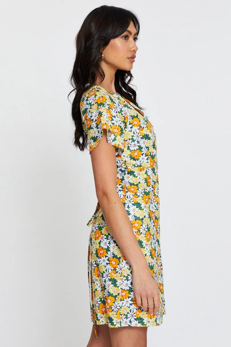 Global Edge Planet Glow Print Fit And Flare Dress Short Sleeve V Neck