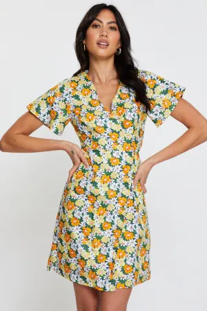 SplitHemDesign Print Fit And Flare Dress Short Sleeve V Neck