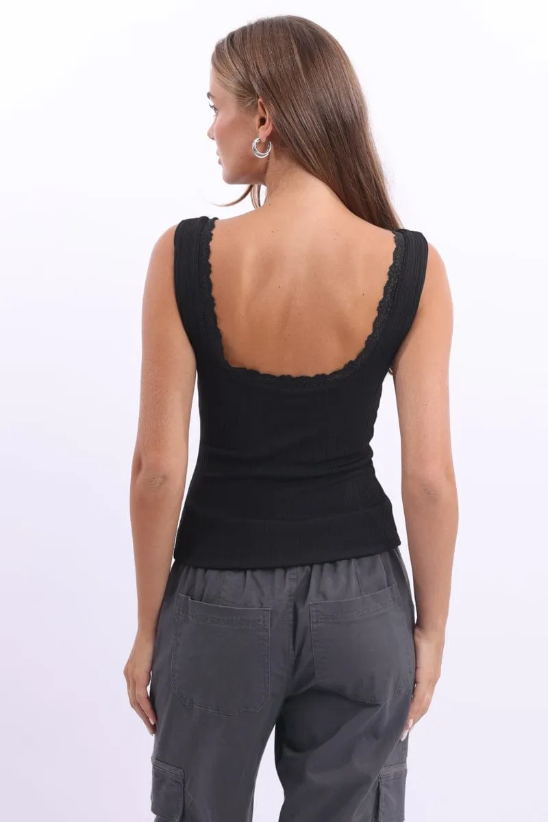 Black Tank Top Sleeveless Lace Trim Icon Glow Icon Fit