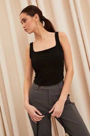 Cultural Fit Black Corset Tank Sleeveless Square Neck Crop Curved Hem
