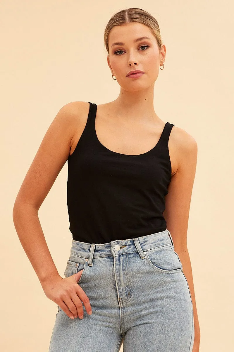 Black Essential Scoop Neck Sleeveless Tank Airflow Mesh Panels Cozy Knit