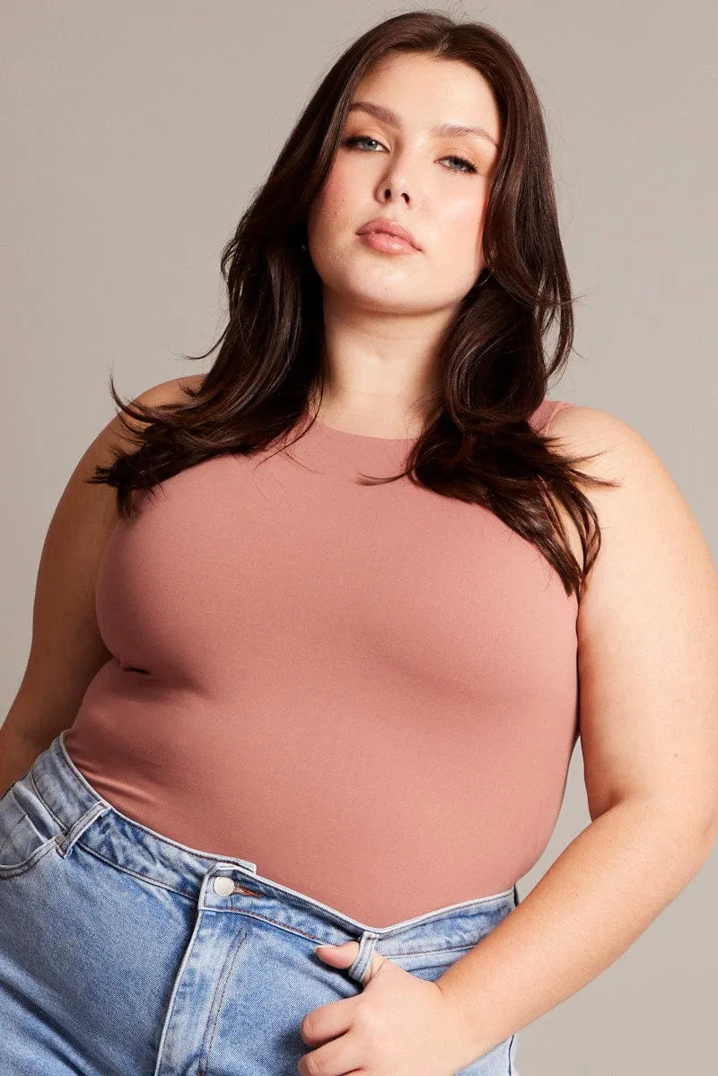 World Glow Brown Bodysuit Sleeveless Crew Neck