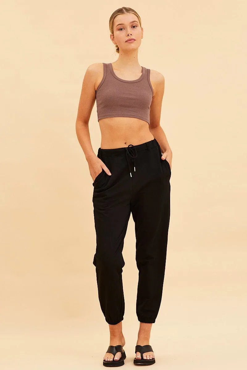 Group Mood King Mode Brown Cropped Tank Cotton Blend Rib Racer Back