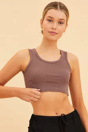 Casual Protection Brown Cropped Tank Cotton Blend Rib Racer Back