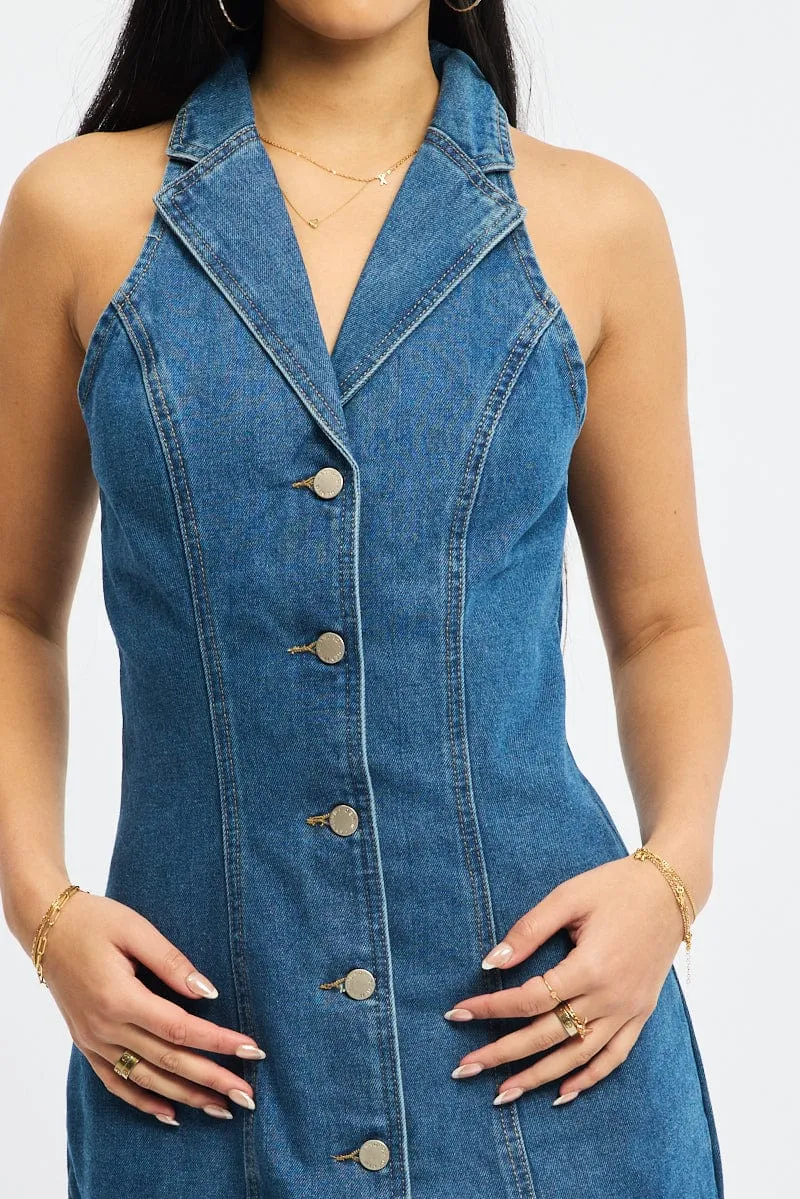 Blue Denim Halter Neck Dress Mini Soft-touch summer dress