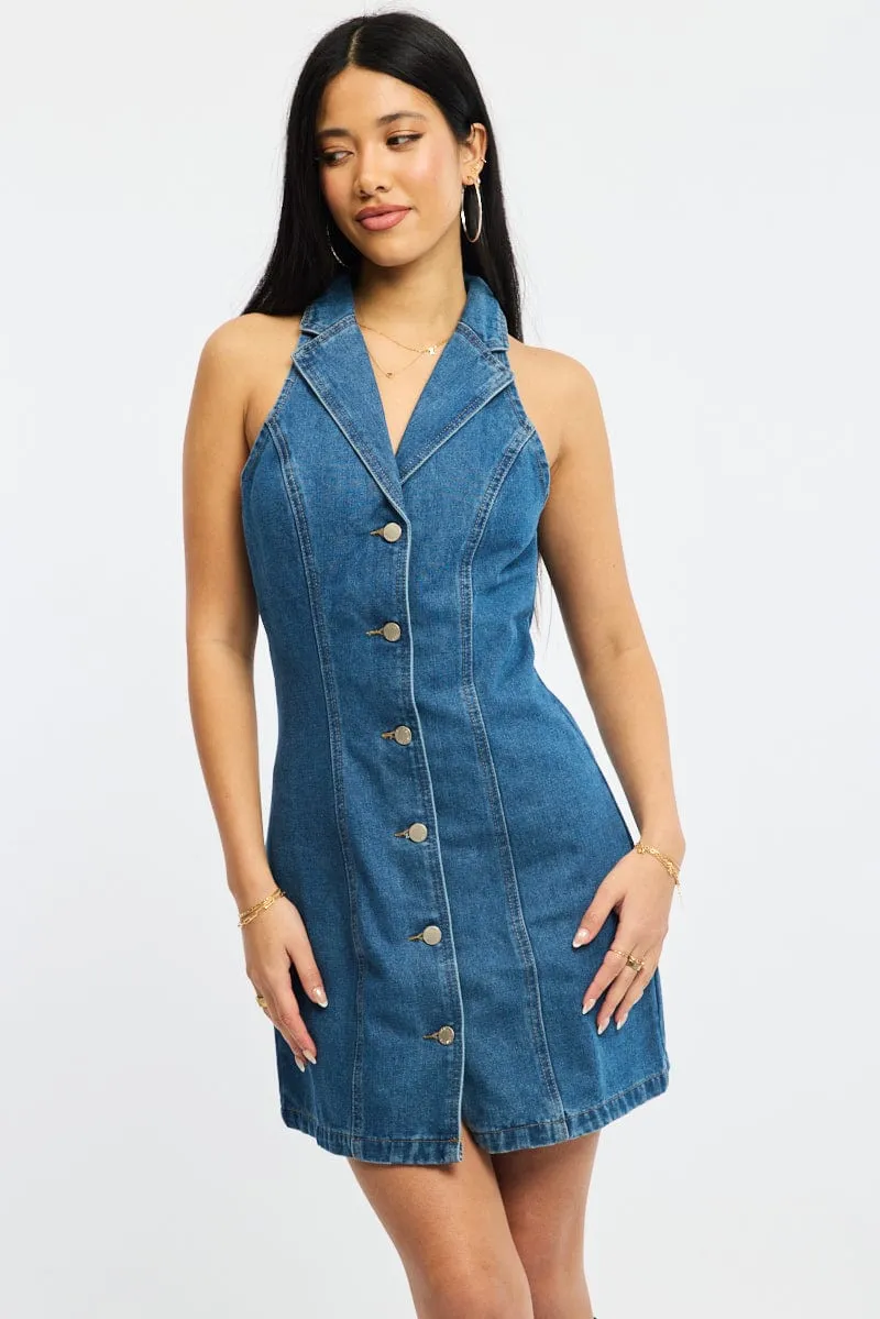 Blue Denim Halter Neck Dress Mini FlexibleFit