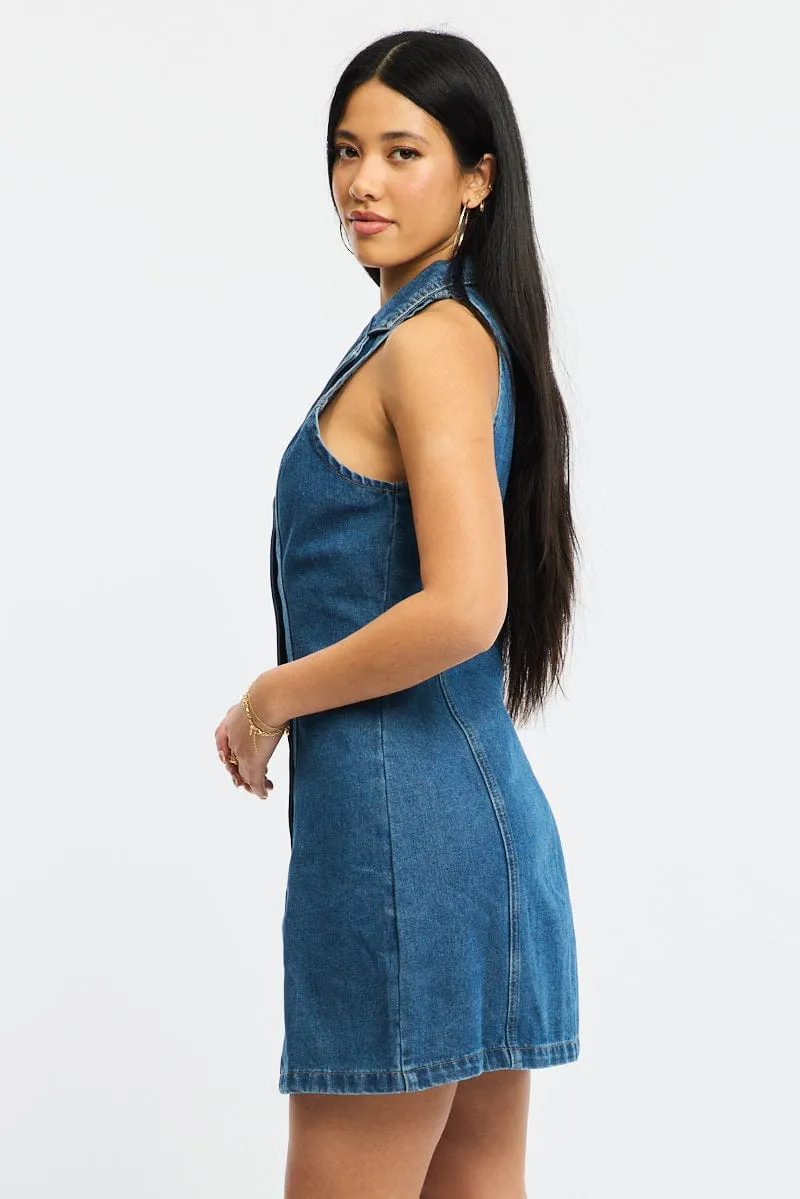 Blue Denim Halter Neck Dress Mini On The Go Look Glow Warm