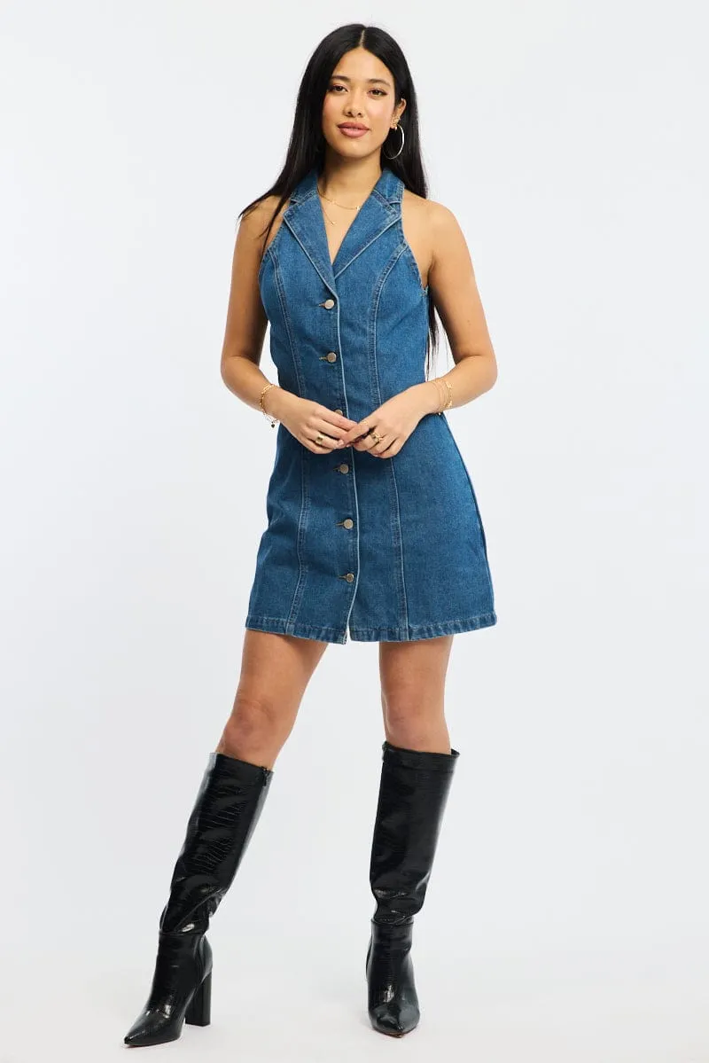 Fashionable above-the-knee gown Cozy Fashion Blue Denim Halter Neck Dress Mini