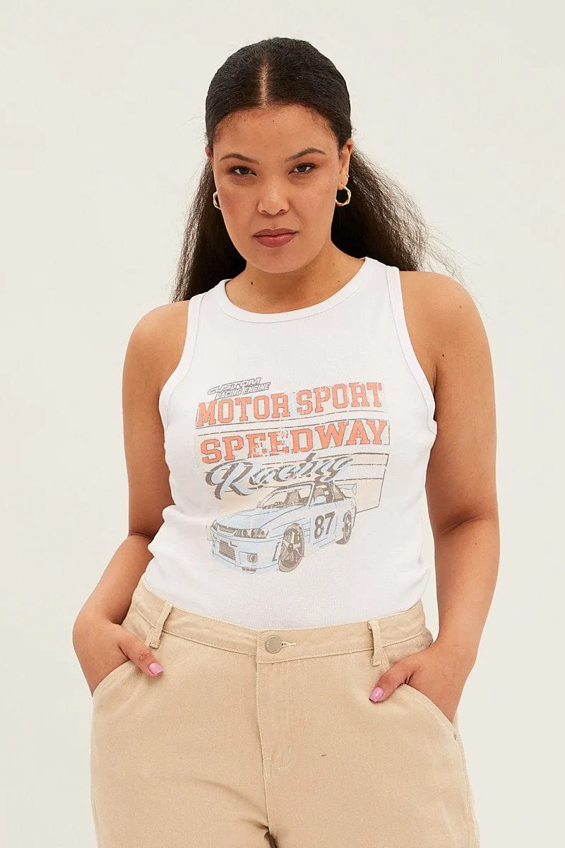 White Graphic Tank Top Crew Neck Brave Fit EcoFriendly Material