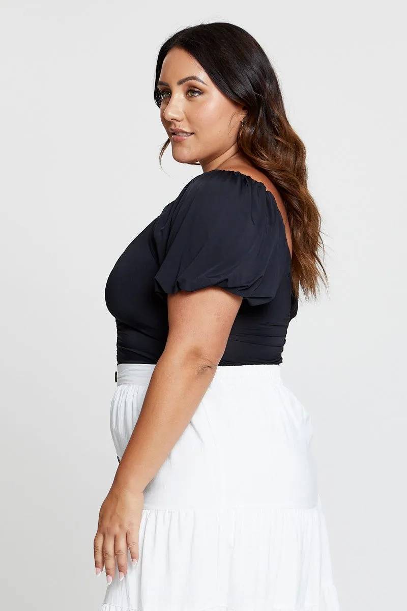 LowMaintenance Material Outdoor Pants Black Front Bodysuit Puff Sleeve Jersey Ruched