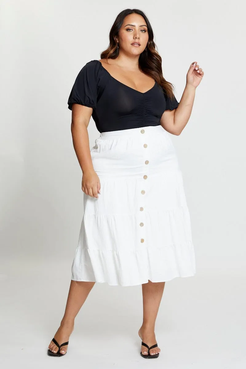 Black Front Bodysuit Puff Sleeve Jersey Ruched Daily Wear