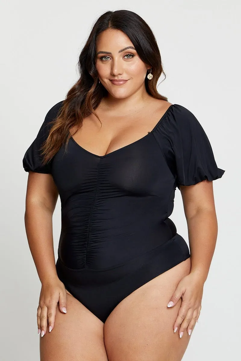Black Front Bodysuit Puff Sleeve Jersey Ruched Spanish Glow