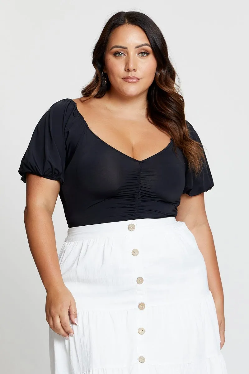 Rugged shoes StainReleaseCoating Black Front Bodysuit Puff Sleeve Jersey Ruched