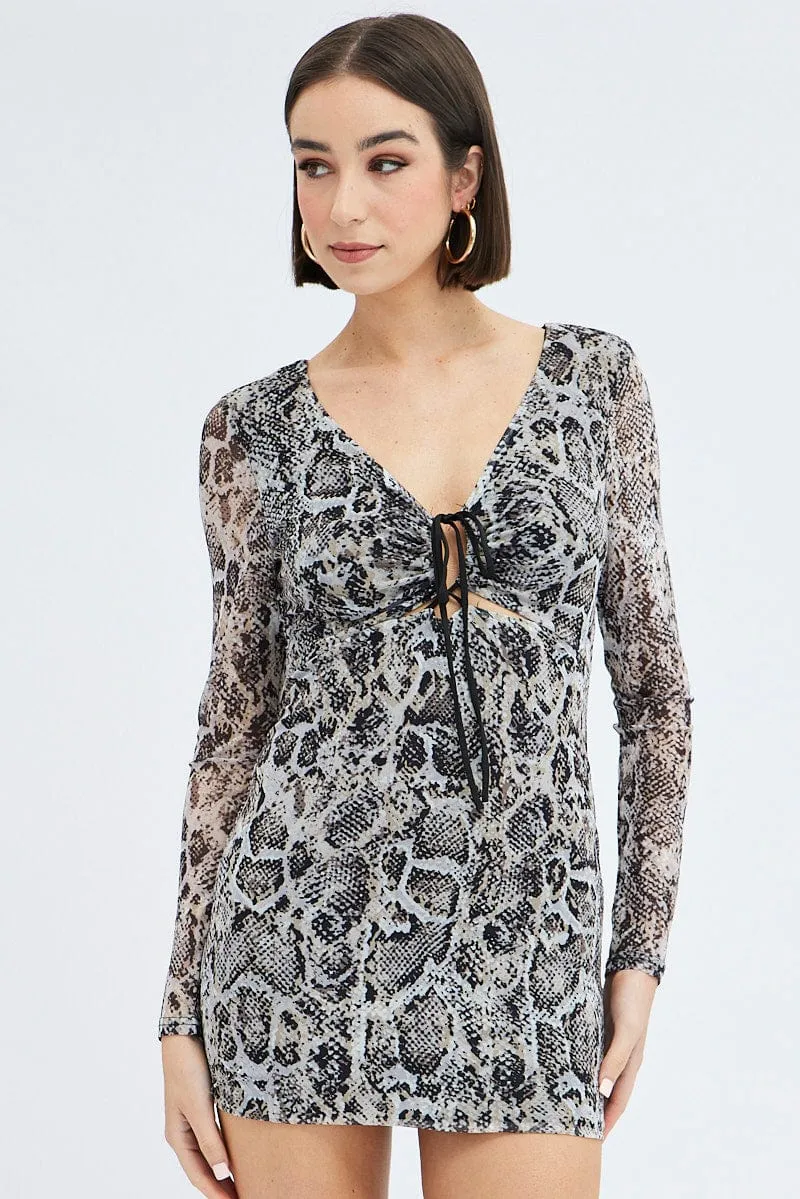 Camel Animal Print Bodycon Dress Long Sleeve Mesh DurableThreadwork Clean Cut