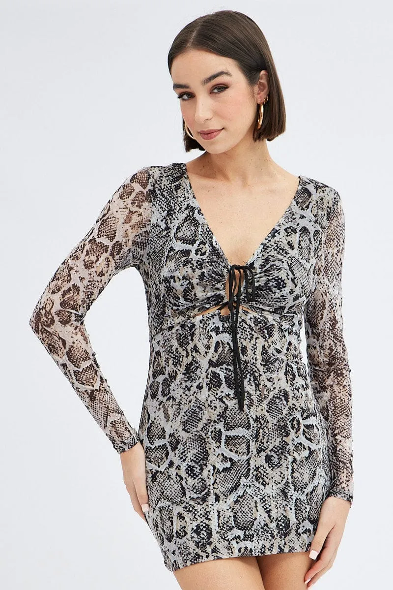 Camel Animal Print Bodycon Dress Long Sleeve Mesh Formal Attire MatteFinishTexture