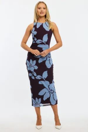 Sleek Style Vented Panels Purple Floral Bodycon Dress Sleeveless Mesh