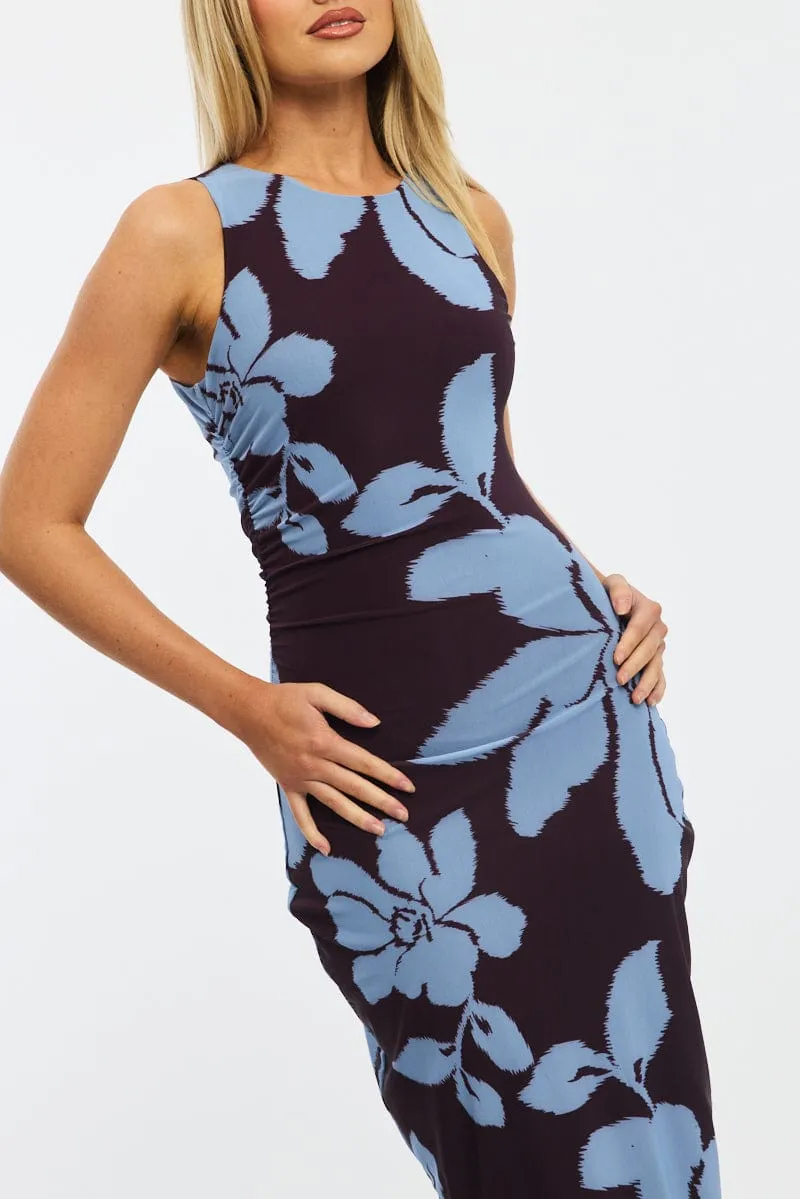 Purple Floral Bodycon Dress Sleeveless Mesh Weekend Style SeamlessPockets