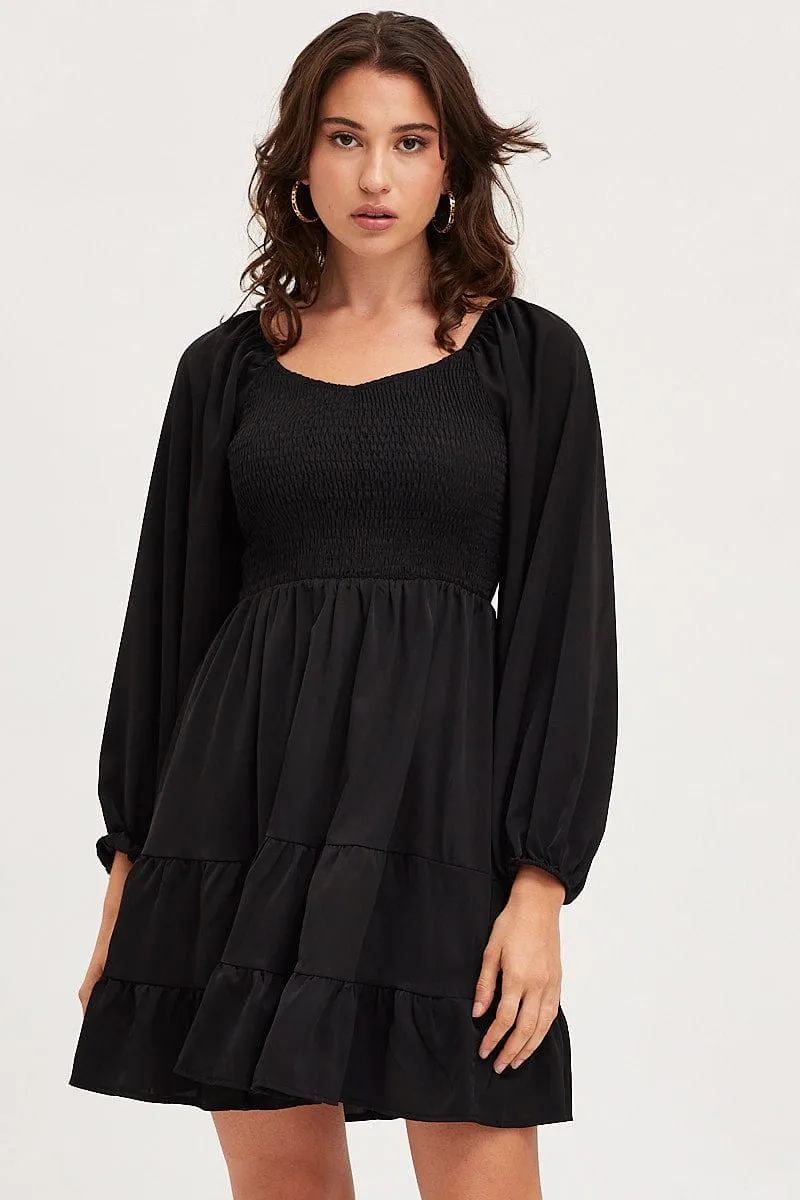 Black Shirred Dress Long Sleeve Mini FlexibleCollarDesign Comfortable Shorts