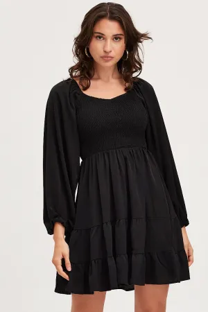 Flight Fit AI Style Black Shirred Dress Long Sleeve Mini