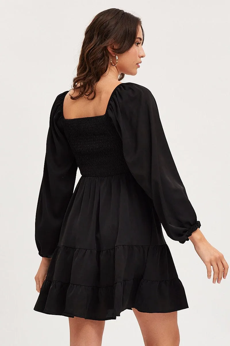 summer shorts Black Shirred Dress Long Sleeve Mini