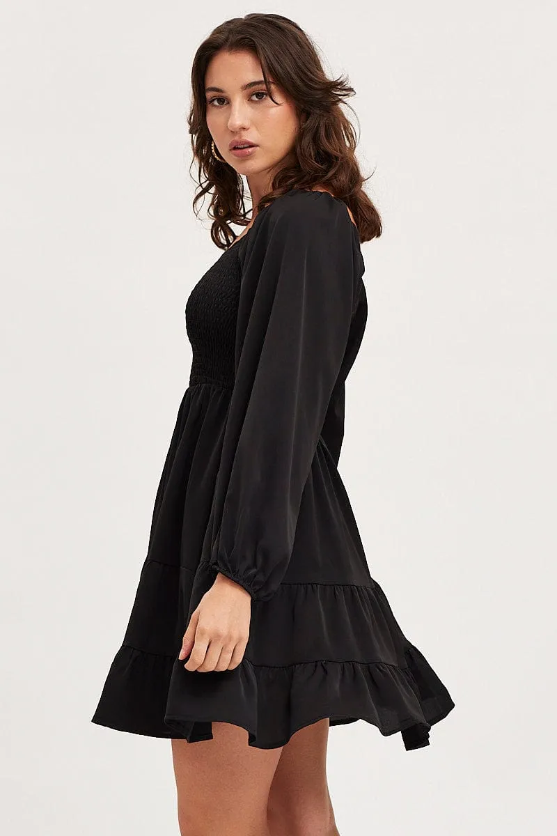 Black Shirred Dress Long Sleeve Mini QuickDryDesign Cozy Wrap