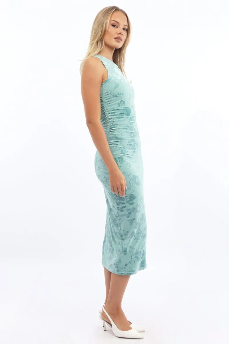 Green Bodycon Dress Round Neck Sleeveless Burnout Street Fashion