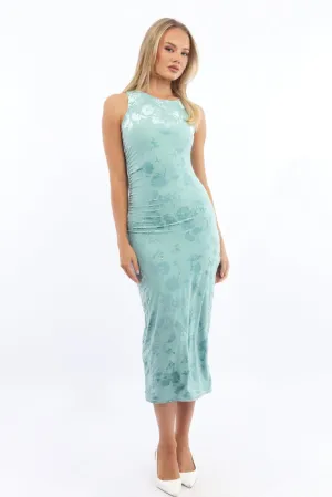 Formal Tone Green Bodycon Dress Round Neck Sleeveless Burnout