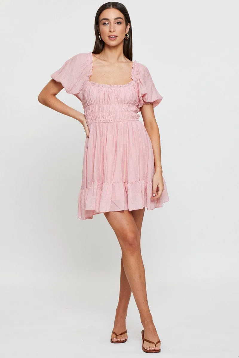 Tagless Design StainResistant Fabric Pink Dress Short Sleeve Mini