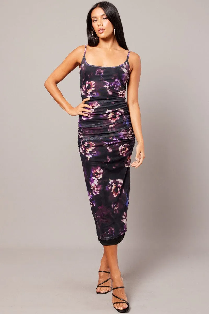 Purple Floral Bodycon Dress Ombre Singlet Maxi Layered Look