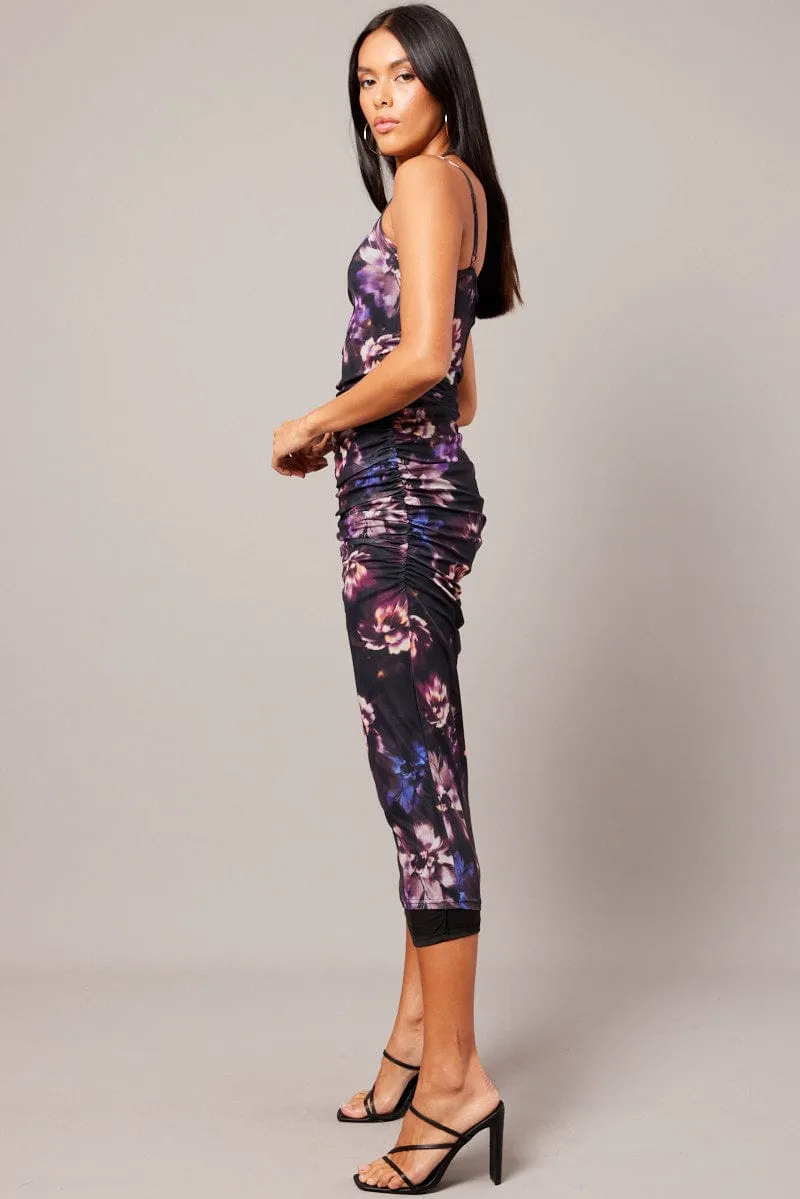 MultiPanelDesign BuiltIn Grip Purple Floral Bodycon Dress Ombre Singlet Maxi