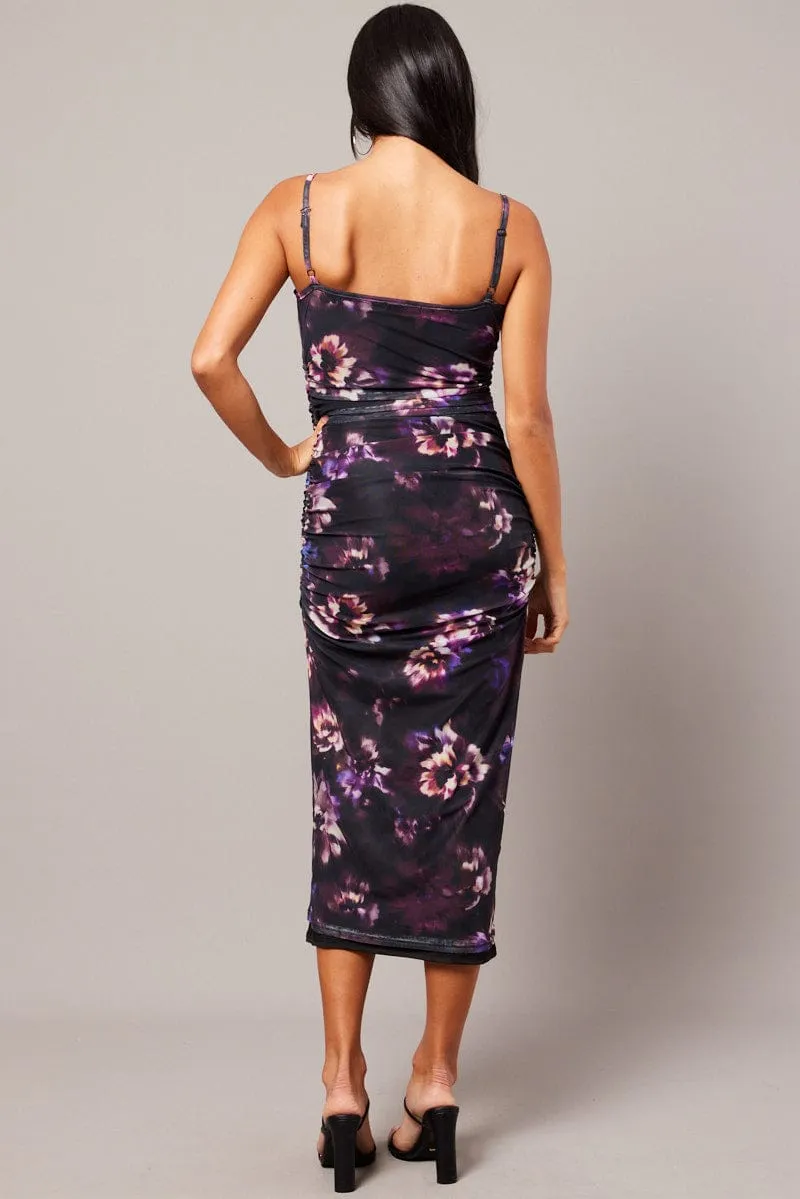 Purple Floral Bodycon Dress Ombre Singlet Maxi Flexible Fabric Blend Daily Fit
