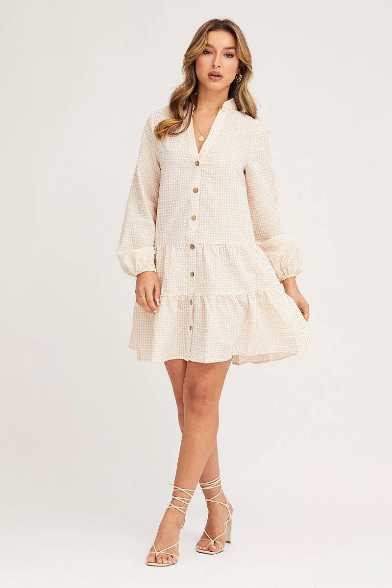 Check Shirt Dress Long Sleeve V Neck Formal Tone Breathable Lining