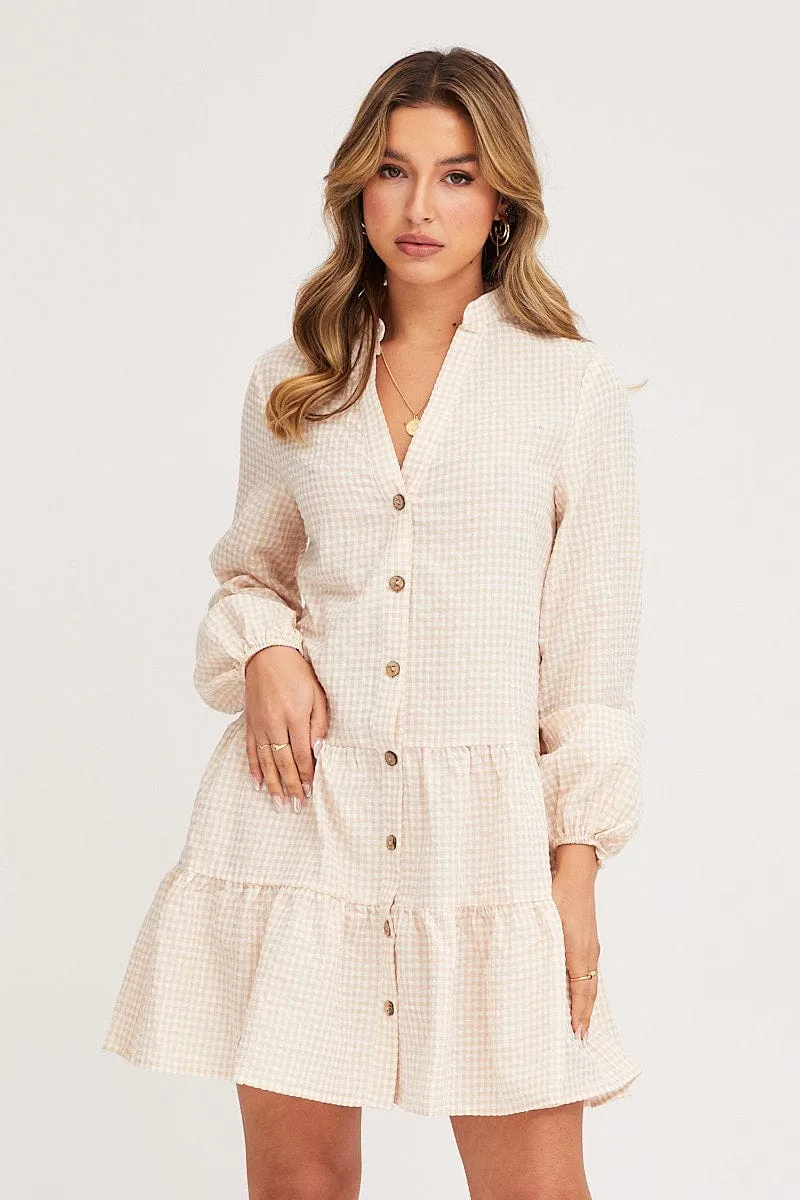 Check Shirt Dress Long Sleeve V Neck Soft Sweater Model Glow