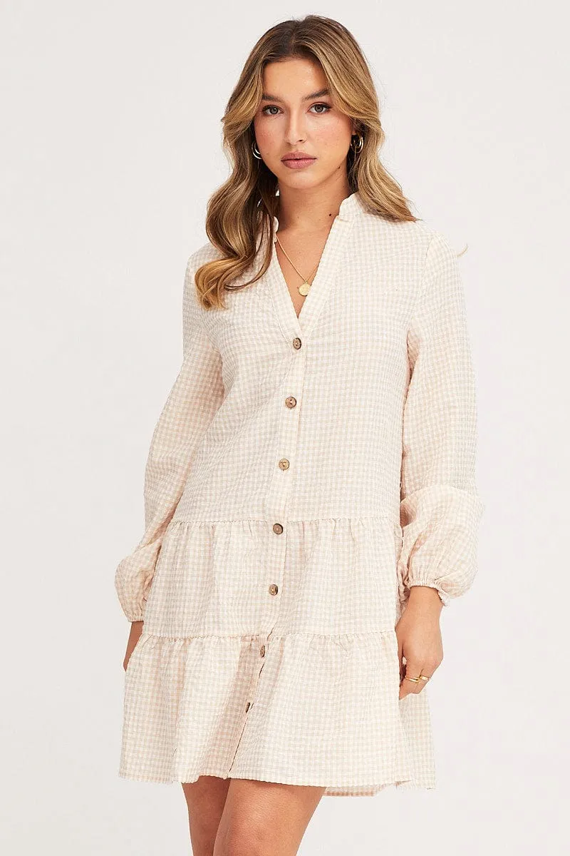 Check Shirt Dress Long Sleeve V Neck Walk Mood Thermal Insulation