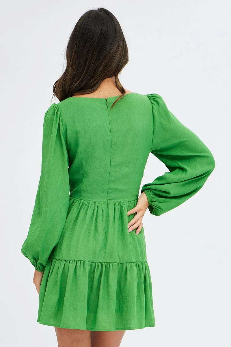 AbrasionFree Edging Green Fit And Flare Dress Long Sleeve Mini