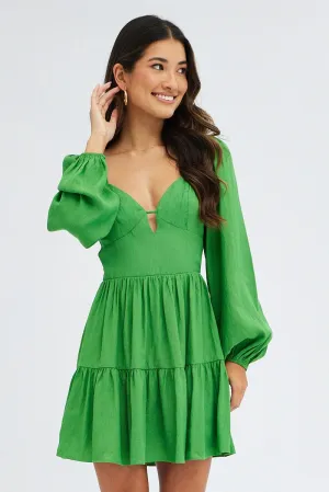 Layered Shirt Green Fit And Flare Dress Long Sleeve Mini