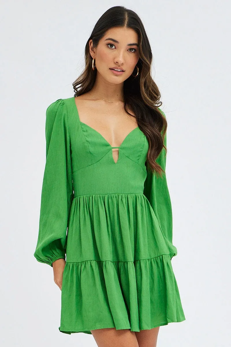 Comfortable Fashion Streetwear Style Green Fit And Flare Dress Long Sleeve Mini