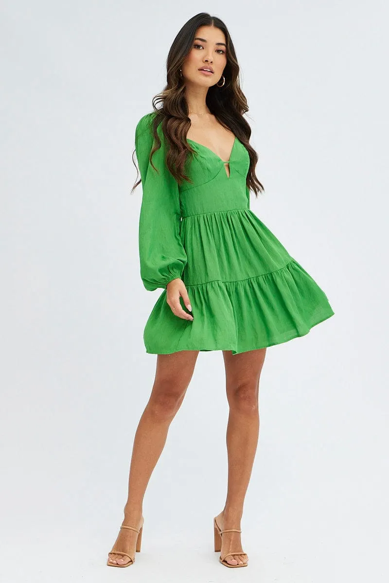 Green Fit And Flare Dress Long Sleeve Mini Easy Wear SustainableYarnBlend