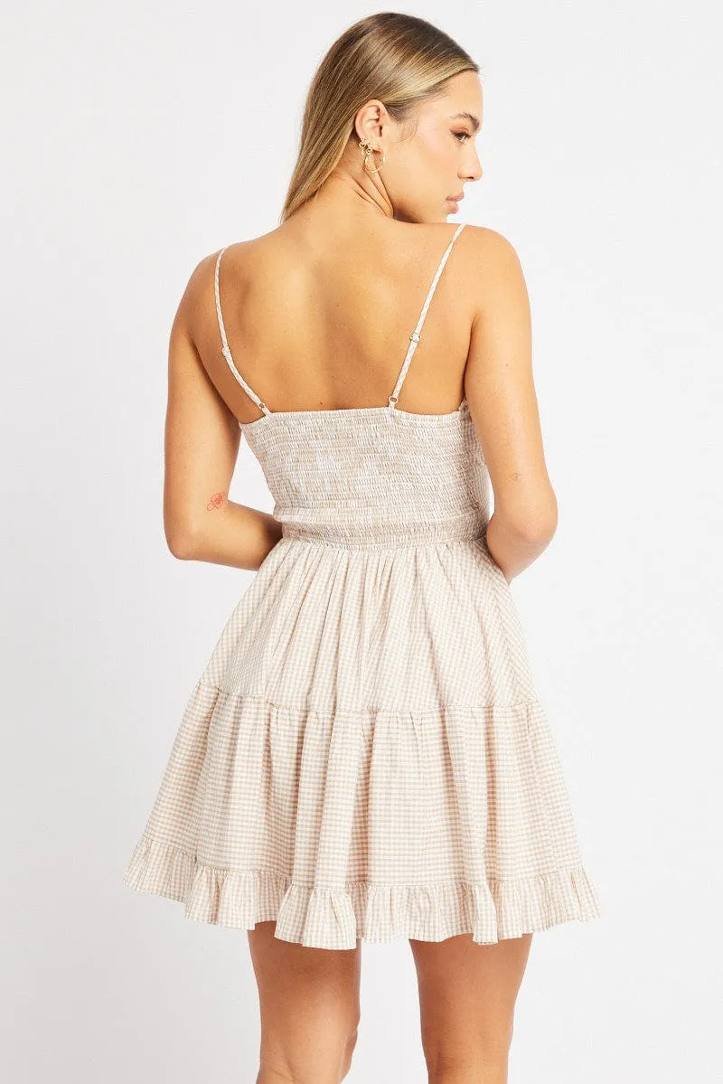 Lightweight Material Beige Check Fit and Flare Dress Sleeveless Tiered