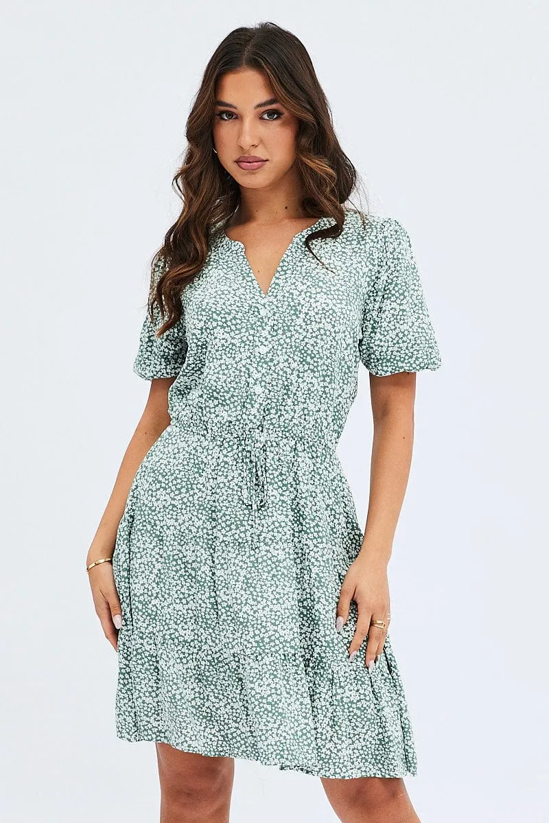 Comfortable Coat Elegant Pants Green Ditsy Shirt Dress Short Sleeve Tiered