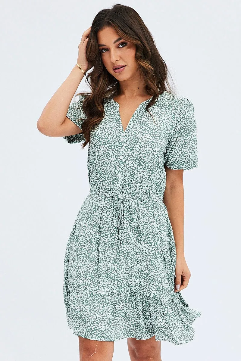 Green Ditsy Shirt Dress Short Sleeve Tiered Trend Vibe Sheer Fit