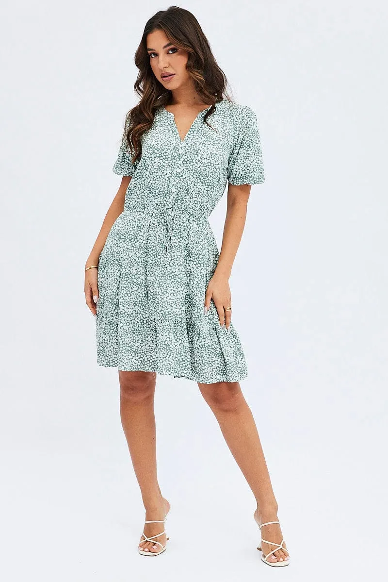 Cold Weather Outfit Brave Mode Green Ditsy Shirt Dress Short Sleeve Tiered