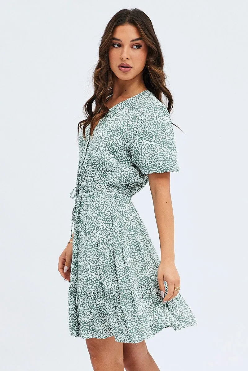 Functional Fashion Green Ditsy Shirt Dress Short Sleeve Tiered