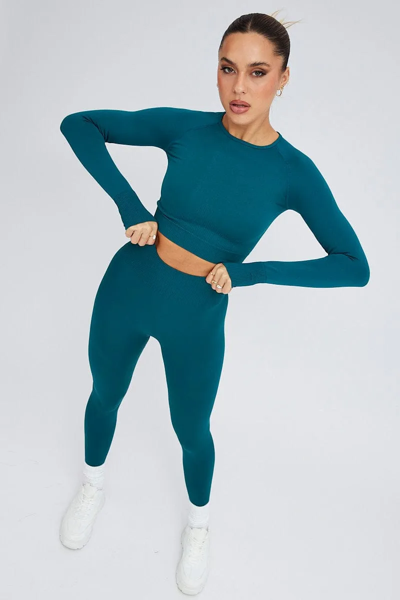 HighDensity Weave ErgonomicCut Green Seamless Top And Legging Activewear Set